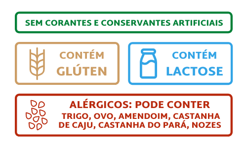 sem corantes e conservantes, contem gluten e lactose, contem tra&ccedil;os de trigo, ovo e castanhas